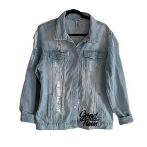SAVAGE TIGER A. BAZI  thrashed ripped torn grunge denim Blue Jean jacket  SZ L